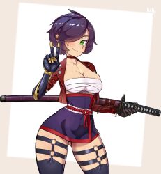 Rule 34 | 1girl, armor, black thighhighs, border, breasts, brown border, cleavage, closed mouth, commission, gauntlets, green eyes, hair over one eye, highres, holding, holding sword, holding weapon, jacket, japanese armor, katana, large breasts, long sleeves, looking at viewer, mole, mole on breast, nisetanaka, original, purple hair, red jacket, samurai, sheath, sheathed, short hair, smile, solo, sword, thighhighs, v, weapon, white background