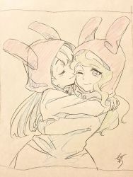 Rule 34 | alternate costume, animal ears, bad id, bad twitter id, blue eyes, blush, diana cavendish, closed eyes, hand on another&#039;s shoulder, happy, headwear request, highres, hug, kagari atsuko, kiss, little witch academia, long hair, long sleeves, looking at viewer, mochiro lwa, mochirou (giri choco inverse), monochrome, multicolored hair, one eye closed, pajamas, rabbit ears, simple background, sketch, smile, two-tone hair, wavy hair