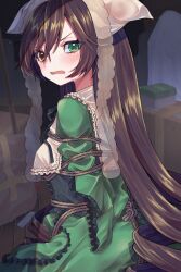 Rule 34 | 1girl, angry, bdsm, blush, bondage, bound, box, brown hair, cardboard box, collared dress, commentary request, cowboy shot, dress, drill hair, frilled dress, frilled shirt collar, frills, green dress, green eyes, hair between eyes, head scarf, heterochromia, highres, indoors, lolita fashion, long bangs, long hair, long sleeves, looking at viewer, looking back, open mouth, red eyes, rozen maiden, shibari, shibari over clothes, solo, suiseiseki, toluda, twin drills, v-shaped eyebrows, very long hair