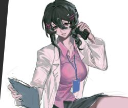 Rule 34 | 1girl, black hair, black skirt, breasts, brown eyes, chinese commentary, clipboard, collared shirt, commentary request, genderswap, genderswap (mtf), hair between eyes, hair ornament, hairclip, highres, holding, holding clipboard, holding phone, lab coat, lanyard, large breasts, long sleeves, mo chengwei, mole, mole under mouth, mumu quan, open clothes, phone, pink shirt, shirt, simple background, skirt, solo, touqi guaitan, white background, x hair ornament