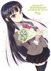 Rule 34 | 1girl, black hair, black thighhighs, bouquet, copyright request, dated, flower, happy birthday, long hair, pink eyes, school uniform, shrimpman, skirt, smile, solo, thighhighs