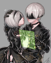 Rule 34 | 1boy, 1girl, afuro26, black dress, black hairband, blindfold, choker, covered eyes, dress, feather-trimmed sleeves, gloves, hairband, juliet sleeves, long sleeves, mole, mole under mouth, nier (series), nier:automata, puffy sleeves, ribbed dress, short hair, white hair, 2b (nier:automata), 9s (nier:automata), aged down