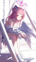 Rule 34 | 1girl, absurdres, bare shoulders, blue archive, highres, long hair, loong (loong blo), mika (blue archive), pink hair, sitting, smile, solo, wings, yellow eyes