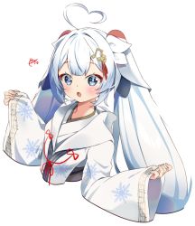 Rule 34 | 1girl, ahoge, arami o 8, bad id, bad twitter id, beamed eighth notes, blue eyes, blush, commentary, cropped torso, eighth note, fortissimo, hair ornament, hairclip, hands up, hatsune miku, heart, heart ahoge, japanese clothes, kimono, light blush, musical note, musical note hair ornament, musical note print, open mouth, quarter note, signature, sleeves past wrists, snowflake print, solo, staff (music), tassel, upper body, vocaloid, white background, white hair, white kimono, yuki miku, yuki miku (2018)