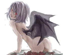 Rule 34 | 1girl, ass, back, bad id, bad twitter id, bat wings, fang, looking at viewer, looking back, md5 mismatch, mephisto (angraecum), no headwear, nude, open mouth, partially submerged, purple hair, red eyes, remilia scarlet, resized, short hair, simple background, smile, solo, touhou, wet, white background, wings