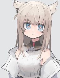 Rule 34 | 1girl, animal ears, arknights, arknights: endfield, bare shoulders, blue eyes, closed mouth, commentary request, grey background, hair ornament, highres, jacket, long hair, looking at viewer, off shoulder, open clothes, open jacket, perlica (arknights), simple background, solo, upper body, user mvyy7457
