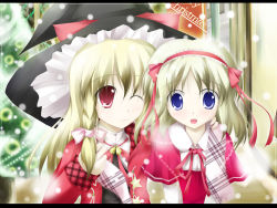 Rule 34 | 2girls, :o, ;), alice margatroid, blonde hair, blue eyes, blush, braid, capelet, female focus, hat, kirisame marisa, letterboxed, looking at viewer, multiple girls, one eye closed, parted lips, red eyes, red scarf, scarf, short hair, single braid, smile, snow, snowing, touhou, upper body, witch hat, yuri