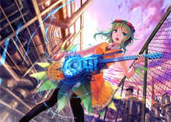 Rule 34 | 1girl, black pantyhose, blue eyes, cityscape, electric guitar, female focus, fence, from below, fuzichoco, green hair, guitar, gumi, headphones, headset, instrument, open mouth, outdoors, pantyhose, plectrum, ripples, short hair, skirt, sky, solo, vest, vocaloid, water, wrist cuffs
