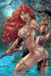 Rule 34 | 00s, 1girl, absurdres, angry, armlet, armor, ass, ass focus, bikini, bikini armor, blood, bloody weapon, blue eyes, blurry, blurry background, breasts, chainmail, cleavage, comic cover, cowboy shot, curvy, dimples of venus, ed benes, female focus, fighting stance, firm breasts, full lips, gloves, highres, holding, holding weapon, large breasts, large nose, leather, leather gloves, long hair, looking at viewer, mature female, midriff, muscular ass, muscular legs, no panties, o-ring, o-ring bikini, official art, pelvic curtain, pinup (style), red hair, red sonja, red sonja (comics), reflection, revealing clothes, scimitar, shoulder armor, sideboob, signature, solo, standing, swamp, swimsuit, sword, thick lips, thick thighs, thigh bands, thighlet, thighs, timestamp, toned body, toned female, traditional media, tree, twisted torso, water, water reflection, watermark, weapon, wet