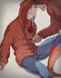 Rule 34 | 2boys, a821, animification, blue bodysuit, blue eyes, bodysuit, brown hair, closed mouth, deadpool, deadpool (series), hood, hood up, hooded jacket, jacket, looking at another, male focus, marvel, multiple boys, partially unzipped, peter parker, red bodysuit, red jacket, short hair, sitting, spider-man, spider-man (series), spider web print, two-tone bodysuit, undressing another, yaoi, zipper, zipper pull tab