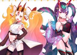 Rule 34 | absurdres, alcohol, bare shoulders, blonde hair, blush, bob cut, breasts, collarbone, eyeliner, facial mark, fate/grand order, fate (series), forehead, forehead mark, hair pulled back, headpiece, highres, horns, huge filesize, ibaraki douji (fate), ibaraki douji (swimsuit lancer) (third ascension) (fate), japanese clothes, kimono, long hair, long sleeves, makeup, off shoulder, oni, open mouth, pointy ears, purple eyes, purple hair, purple kimono, sash, short hair, shuten douji (fate), skin-covered horns, small breasts, smile, suzuho hotaru, tattoo, thighhighs, wide sleeves, yellow eyes, yellow kimono