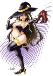 Rule 34 | 1girl, bad anatomy, bikini, black gloves, black hair, black thighhighs, boots, breasts, cosplay, crossover, dragon&#039;s crown, elbow gloves, female focus, full body, gloves, halftone, halftone background, hat, large breasts, long hair, mayo chiki!, navel, open mouth, qblade, red eyes, solo, sorceress (dragon&#039;s crown), staff, standing, standing on one leg, suzutsuki kanade, swimsuit, thigh boots, thighhighs, white background, witch, witch hat
