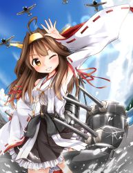 Rule 34 | 10s, 1girl, ahoge, aircraft, airplane, armpits, blue sky, blush, brown hair, cannon, cloud, day, detached sleeves, fisheye, frilled skirt, frills, glint, grin, hand on own hip, hand on own head, headdress, highres, kantai collection, kongou (kancolle), long hair, looking at viewer, nontraditional miko, one eye closed, ribbon-trimmed sleeves, ribbon trim, skirt, sky, smile, solo, tobi (nekomata homara), water, yellow eyes