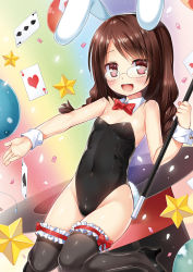 Rule 34 | 1girl, animal ears, bow, bowtie, braid, brown hair, card, detached collar, fake animal ears, glasses, gradient background, leotard, long hair, magician, original, playboy bunny, playing card, rabbit ears, rabbit tail, red eyes, solo, tail, thighhighs, twin braids, twintails, wand, wrist cuffs, yukino minato