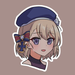 Rule 34 | 1girl, :d, azur lane, beret, blue hat, blush, bow, brown background, brown hair, commentary request, cross, hair between eyes, hair bow, hat, hat bow, highres, iron cross, looking at viewer, open mouth, outline, portrait, purple eyes, rock zinc, simple background, smile, solo, striped bow, white bow, white outline, z23 (azur lane)