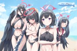 Rule 34 | 4girls, ^ ^, absurdres, aircraft, alternate costume, beach, bikini, black bikini, black hair, black wings, blue archive, blush, breasts, cleavage, closed eyes, covering breasts, covering privates, dirigible, dotthebot, embarrassed, feathered wings, hair between eyes, halo, hasumi (blue archive), highres, ichika (blue archive), justice task force (blue archive), large breasts, mashiro (blue archive), mashiro (swimsuit) (blue archive), melting halo, multiple girls, navel, official alternate costume, outdoors, red halo, sailor bikini, sailor collar, stomach, swimsuit, tsurugi (blue archive), tsurugi (swimsuit) (blue archive), winged halo, wings