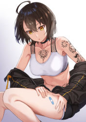 Rule 34 | 1girl, :o, ahoge, arm tattoo, azur lane, baltimore (azur lane), baltimore (black ace) (azur lane), bandaid, bandaid on leg, black choker, black hair, black jacket, black shorts, braid, breasts, chest tattoo, choker, cleavage, collarbone, feet out of frame, flower, gradient background, grey background, highres, invisible chair, jacket, large breasts, long sleeves, looking away, looking down, navel, off shoulder, open clothes, open jacket, parted lips, rose, short hair, shorts, sitting, solo, tattoo, track jacket, tuchinokoeffect, white background, yellow eyes