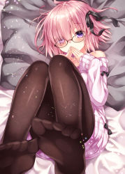 Rule 34 | 1girl, bare shoulders, bed sheet, black-framed eyewear, black bow, black pantyhose, black ribbon, blush, bow, commentary request, eyes visible through hair, fate/grand order, fate (series), feet, glasses, hair over one eye, hair ribbon, long sleeves, mash kyrielight, nogi takayoshi, pantyhose, pillow, pink hair, pink sweater, purple eyes, ribbon, short hair, solo, sweater