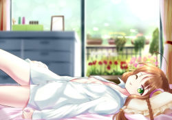 Rule 34 | 1girl, ;p, ahoge, bed sheet, blurry, blurry background, braid, breasts, brown hair, cleavage, collared shirt, dress shirt, from side, green eyes, kanbe kotori, long hair, long sleeves, looking at viewer, lying, naked shirt, on back, one eye closed, open clothes, open shirt, partially unbuttoned, pillow, rewrite, shirt, single braid, small breasts, solo, tagame (tagamecat), tongue, tongue out, unbuttoned, unbuttoned shirt, white shirt, wing collar