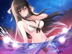Rule 34 | 1girl, bare arms, bare shoulders, bikini, black hair, blush, breasts, cleavage, closed mouth, commentary request, commission, frills, hair between eyes, hand up, kinona, long hair, medium breasts, navel, night, night sky, original, outdoors, partially submerged, plaid, plaid bikini, red eyes, sarong, skeb commission, sky, smile, solo, star (sky), starry sky, swimsuit, very long hair, water, white bikini