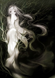 Rule 34 | 1girl, bare tree, black eyes, covering own mouth, full body, ghost, gradient background, hand over own mouth, highres, in tree, isaki uta, long hair, original, sitting, sitting in tree, sleeves past wrists, solo, tree, very long hair, white hair