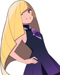 Rule 34 | 1girl, alternate color, bare arms, blonde hair, commentary request, creatures (company), diamond (shape), dress, eyelashes, game freak, gradient dress, green eyes, hand on own hip, highres, long hair, looking to the side, lusamine (pokemon), nintendo, parted lips, pokemon, pokemon masters ex, purple dress, smile, solo, tyako 089