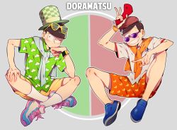 Rule 34 | 10s, 2boys, bad id, bad twitter id, beret, brothers, brown hair, cardigan, circle, glasses, green eyes, grey background, hat, head rest, heart, heart print, highres, indian style, looking at viewer, looking to the side, male focus, matsuno choromatsu, matsuno osomatsu, multiple boys, o2 (o2mm), osomatsu-kun, osomatsu-san, osomatsu (series), patterned clothing, red eyes, script, shoes, short sleeves, shutter shades, siblings, simple background, sitting, smile, sneakers, socks, sunglasses, top hat, v, watch, wristwatch