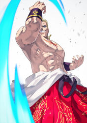 Rule 34 | 1boy, abs, blonde hair, blue eyes, fatal fury, geese howard, grin, hakama, hakama skirt, highres, japanese clothes, jewelry, large pectorals, looking at viewer, male focus, pectorals, pendant, reppuken, short hair, simple background, skirt, smile, snk, solo, standing, the king of fighters, the king of fighters xv, white background, yagi2013