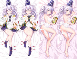Rule 34 | 1girl, apron, ass, bar censor, black ribbon, blue headwear, blue skirt, blue socks, blush, breasts, censored, closed mouth, commentary request, dakimakura (medium), detached sleeves, food, frown, full body, grey hair, hat, japanese clothes, kariginu, long hair, long sleeves, looking at viewer, makizushi, mononobe no futo, multiple views, naked apron, neck ribbon, nipples, no shoes, pom pom (clothes), ponytail, pun, purple eyes, pussy, ribbon, ribbon-trimmed sleeves, ribbon trim, skirt, small breasts, smile, socks, sui. (ayase), sushi, tate eboshi, touhou, white apron, wide sleeves