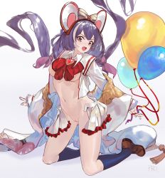Rule 34 | 1girl, animal ears, balloon, bow, bowtie, breasts, brooch, brown eyes, brown footwear, cleft of venus, collared shirt, cosplay, fake animal ears, granblue fantasy, groin, hairband, heart, heart brooch, highres, jewelry, karyl (princess connect!), kneehighs, kneeling, long hair, long sleeves, low twintails, medium breasts, miniskirt, mouse ears, multicolored hair, navel, open mouth, princess connect!, prossss, purple hair, pussy, shirt, shoes, signature, skirt, socks, solo, streaked hair, twintails, very long hair, vikala (granblue fantasy), vikala (granblue fantasy) (cosplay), white shirt, white skirt
