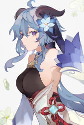 Rule 34 | 1girl, ahoge, armpits, arms up, artist name, bare shoulders, bell, black gloves, blue flower, blue hair, blush, breasts, chinese knot, commentary, detached sleeves, flower, flower knot, ganyu (genshin impact), genshin impact, glaze lily, gloves, gold trim, hair flower, hair ornament, highres, horns, large breasts, long hair, looking at viewer, low ponytail, multicolored eyes, neck bell, open mouth, petals, qingxin flower, rippajun, sideboob, sidelocks, solo, twitter username, vision (genshin impact), white flower, white sleeves, wide sleeves