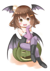 Rule 34 | 1girl, absurdres, bat wings, black footwear, black leotard, boots, breasts, bridal gauntlets, brown eyes, brown hair, commentary request, cosplay, crossed legs, demon girl, fang, hair ornament, hairclip, head wings, highres, ikazuchi (kancolle), jack-o&#039;-lantern, kantai collection, large breasts, leotard, long hair, looking at viewer, low wings, morrigan aensland, morrigan aensland (cosplay), one-hour drawing challenge, open mouth, pantyhose, purple pantyhose, short hair, simple background, sitting, skin fang, smile, solo, strapless, strapless leotard, taisinkoku, vampire (game), white background, wings