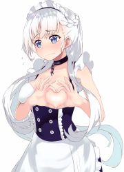 Rule 34 | 1girl, absurdres, apron, azur lane, bad id, bad twitter id, bare shoulders, belfast (azur lane), blue eyes, blush, braid, breasts, breasts out, chain, closed mouth, collar, collarbone, corset, flying sweatdrops, frilled apron, frills, half updo, heart, heart-shaped boob challenge, heart hands, highres, long hair, maid headdress, medium breasts, relila, silver hair, simple background, solo, standing, upper body, wavy mouth, white background