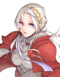 Rule 34 | 1girl, alternate hairstyle, armor, axe, breastplate, breasts, cape, edelgard von hresvelg, fire emblem, fire emblem: three houses, fire emblem warriors, fire emblem warriors: three hopes, garreg mach monastery uniform, gloves, hair ornament, hair ribbon, long hair, long sleeves, looking at viewer, nintendo, official alternate costume, official alternate hairstyle, open mouth, purple eyes, red cape, ribbon, robaco, simple background, solo, white hair