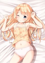 Rule 34 | 1girl, ;d, bare legs, bare shoulders, bed sheet, blonde hair, blue eyes, blush, bow, bow panties, camisole, collarbone, commentary request, head tilt, highres, jervis (kancolle), kantai collection, long hair, looking at viewer, lying, mochiyuki, navel, no pants, on back, one eye closed, open mouth, panties, parted lips, print camisole, see-through, sidelocks, smile, solo, star (symbol), star print, tears, underwear, very long hair, white panties, yellow camisole