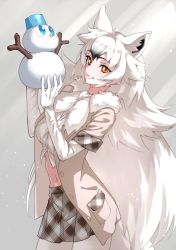 Rule 34 | 1girl, absurdres, animal ears, arctic wolf (kemono friends), black hair, commentary request, elbow gloves, extra ears, gloves, grey jacket, grey skirt, highres, jacket, kemono friends, long hair, looking at viewer, midriff, multicolored hair, navel, open clothes, open jacket, pantyhose, plaid, plaid skirt, plaid trim, pleated skirt, shirt, skirt, snowman, solo, tail, tanabe (fueisei), white gloves, white hair, white pantyhose, white shirt, wolf ears, wolf girl, wolf tail, yellow eyes