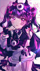 Rule 34 | 1girl, absurdres, bad id, bad pixiv id, black bow, blush, bow, detached sleeves, dress, eyeball hair ornament, facial tattoo, fang, hand to own mouth, heart, heart tattoo, highres, horns, huge filesize, lens flare, looking up, open mouth, original, purple hair, solo, tattoo, two side up, white dress, wine (2148 wine)