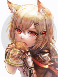 Rule 34 | 1girl, animal ear fluff, animal ears, arknights, blonde hair, bread, child, earrings, eating, eyebrows hidden by hair, fingerless gloves, food, fox ears, fox girl, gloves, hair ornament, hairclip, highres, hood, hood down, jewelry, looking at viewer, medium hair, melon bread, multiple earrings, necklace, notched ear, orange eyes, poncho, prosthesis, prosthetic arm, shirt, solo, v-shaped eyebrows, vermeil (arknights), white background, white shirt, xilveroxas