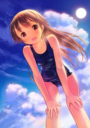 Rule 34 | 1girl, :d, blush, brown eyes, brown hair, cloud, day, gradient background, half updo, hands on own knees, highres, long hair, looking at viewer, old school swimsuit, one-piece swimsuit, open mouth, original, school swimsuit, shiny clothes, sky, smile, solo, swimsuit, takoyaki (roast)