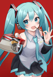 Rule 34 | absurdres, blue eyes, blue hair, blue nails, blue necktie, dated, detached sleeves, food, hatsune miku, highres, holding, holding food, holding pocky, long hair, long sleeves, looking at viewer, nail polish, necktie, noneon319, open mouth, pocky, red background, signature, simple background, skirt, smile, twintails, vocaloid