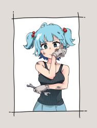 Rule 34 | 1girl, alternate costume, arm under breasts, black tank top, blue hair, blue skirt, border, breasts, bright pupils, closed mouth, cowboy shot, dirty, dirty face, expressionless, gloves, grey background, grey border, grey eyes, grey gloves, hair bobbles, hair ornament, holding, holding wrench, kawashiro nitori, looking at viewer, medium bangs, medium breasts, no headwear, short hair, simple background, skirt, solo, sweat, tank top, touhou, two side up, white pupils, wiping face, wrench, yan pai
