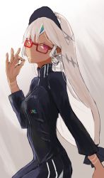 Rule 34 | 1girl, altera (fate), altera (traveling outfit) (fate), alternate costume, aruto2498, black dress, blunt bangs, breasts, closed mouth, dark-skinned female, dark skin, dress, fate/grand order, fate (series), food, food in mouth, glasses, headdress, heroic spirit traveling outfit, high collar, highres, holding, holding food, long sleeves, looking at viewer, red-framed eyewear, red eyes, short hair, simple background, small breasts, solo, tan, tattoo, veil, visor cap, white hair