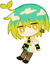 Rule 34 | 1boy, aqua hair, bright pupils, brown pants, chibi, closed mouth, collared shirt, daichi ayumu, earrings, expressionless, green hair, hair between eyes, jewelry, long sleeves, looking at viewer, lowres, male focus, medium hair, no nose, open clothes, open shirt, original, pants, personification, shirt, simple background, solo, sprout on head, star (symbol), star earrings, striped clothes, striped shirt, transparent background, usagi nui, white pupils, white shirt, yellow eyes