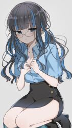 Rule 34 | 1girl, absurdres, black hair, blue hair, breasts, cleavage, colored inner hair, fate/grand order, fate (series), glasses, grey eyes, highres, legs, looking at viewer, mati5572, multicolored hair, shirt, solo, sweat, tenochtitlan (fate), thighs, twintails, two-tone hair, white background