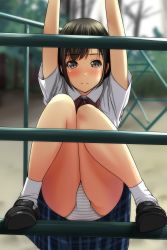 Rule 34 | 1girl, absurdres, arms up, black footwear, black hair, blue skirt, blurry, blurry background, blush, bow, brown eyes, closed mouth, collared shirt, day, depth of field, highres, knees together feet apart, knees up, loafers, matsunaga kouyou, nose blush, original, outdoors, panties, plaid, plaid skirt, red bow, school uniform, shirt, shoe soles, shoes, short sleeves, skirt, smile, socks, solo, striped clothes, striped panties, underwear, white panties, white shirt, white socks