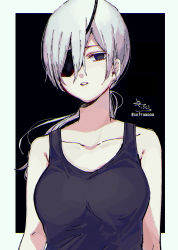 Rule 34 | 1girl, bare shoulders, black background, black eyes, black tank top, blue background, breasts, chainsaw man, collarbone, eyepatch, half-closed eye, highres, long hair, looking at viewer, low ponytail, medium breasts, parted lips, ponytail, quanxi (chainsaw man), signature, silver hair, sofra, solo, tank top, twitter username, two-tone background, upper body