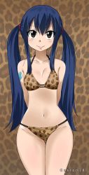 Rule 34 | 1girl, animal print, arms behind back, bare shoulders, bikini, blue hair, blush, breasts, brown eyes, collarbone, fairy tail, gaston18, halterneck, highres, leopard print, long hair, looking at viewer, navel, sitting, small breasts, smile, string bikini, swimsuit, tattoo, twintails, wendy marvell, wide hips