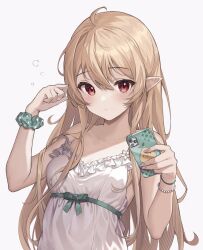 Rule 34 | 1girl, absurdres, ahoge, alternate costume, bead bracelet, beads, blonde hair, bracelet, breasts, cellphone, commentary, frilled nightgown, frills, hair between eyes, hands up, highres, holding, holding phone, jewelry, long hair, looking at viewer, medium breasts, nightgown, nijisanji, nijisanji en, phone, pointy ears, pomu rainpuff, red eyes, scrunchie, selfie, shy, simple background, sleepwear, smartphone, solo, soybean (hisoybean), straight hair, strap slip, upper body, virtual youtuber, white background, white nightgown, wrist scrunchie, wristband