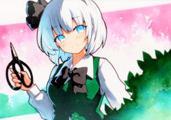 Rule 34 | 1girl, bad id, bad twitter id, black bow, black bowtie, black ribbon, blue eyes, blue hair, blush, border, bow, bowtie, breasts, bush, closed mouth, collared shirt, gradient background, green vest, grey hair, grey hairband, hair between eyes, hairband, hand up, highres, konpaku youmu, leaf, long sleeves, looking to the side, medium breasts, multicolored hair, outside border, pink background, puffy long sleeves, puffy sleeves, qqqrinkappp, ribbon, scissors, shirt, short hair, smile, solo, touhou, traditional media, vest, white background, white border, white hair, white shirt