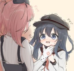 Rule 34 | 2girls, akatsuki (kancolle), anchor, anchor symbol, anger vein, atlanta (kancolle), black sailor collar, blue eyes, blue hair, blush, breasts, brown hair, commentary request, flat cap, garrison cap, gloves, hat, high-waist skirt, kantai collection, kasashi (kasasi008), long hair, long sleeves, multiple girls, open mouth, partially fingerless gloves, red neckwear, sailor collar, school uniform, serafuku, shaded face, simple background, skirt, suspenders, sweat, tears, trembling, twintails, two side up, upper body, wavy mouth